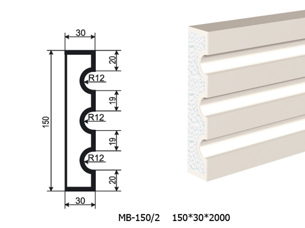 Молдинг для фасада - лепнина, декор из пенополистирола МВ-150/2 (МС-124) 150*30*2000 мм