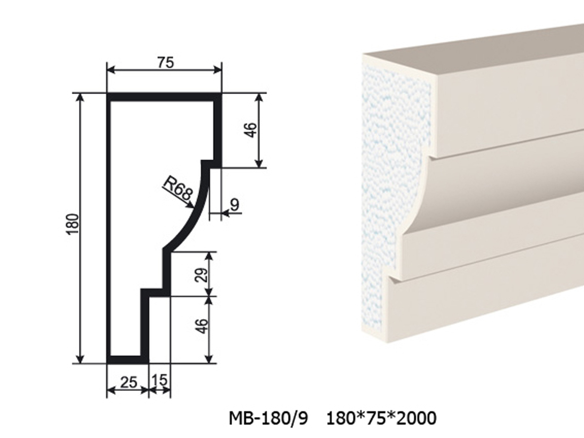 Молдинг для фасада - лепнина, декор из пенополистирола МВ-180/9 (МС-136) 180*75*2000 мм