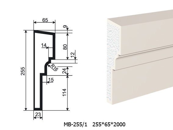 Молдинг для фасада - лепнина, декор из пенополистирола МВ-255/1 (МС-143) 255*65*2000 мм