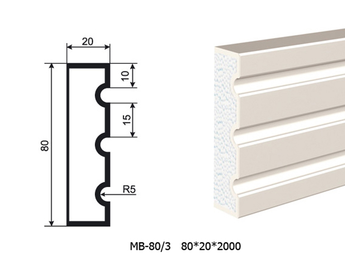 Молдинг для фасада - лепнина, декор из пенополистирола МВ-80/3 80*20*2000 мм