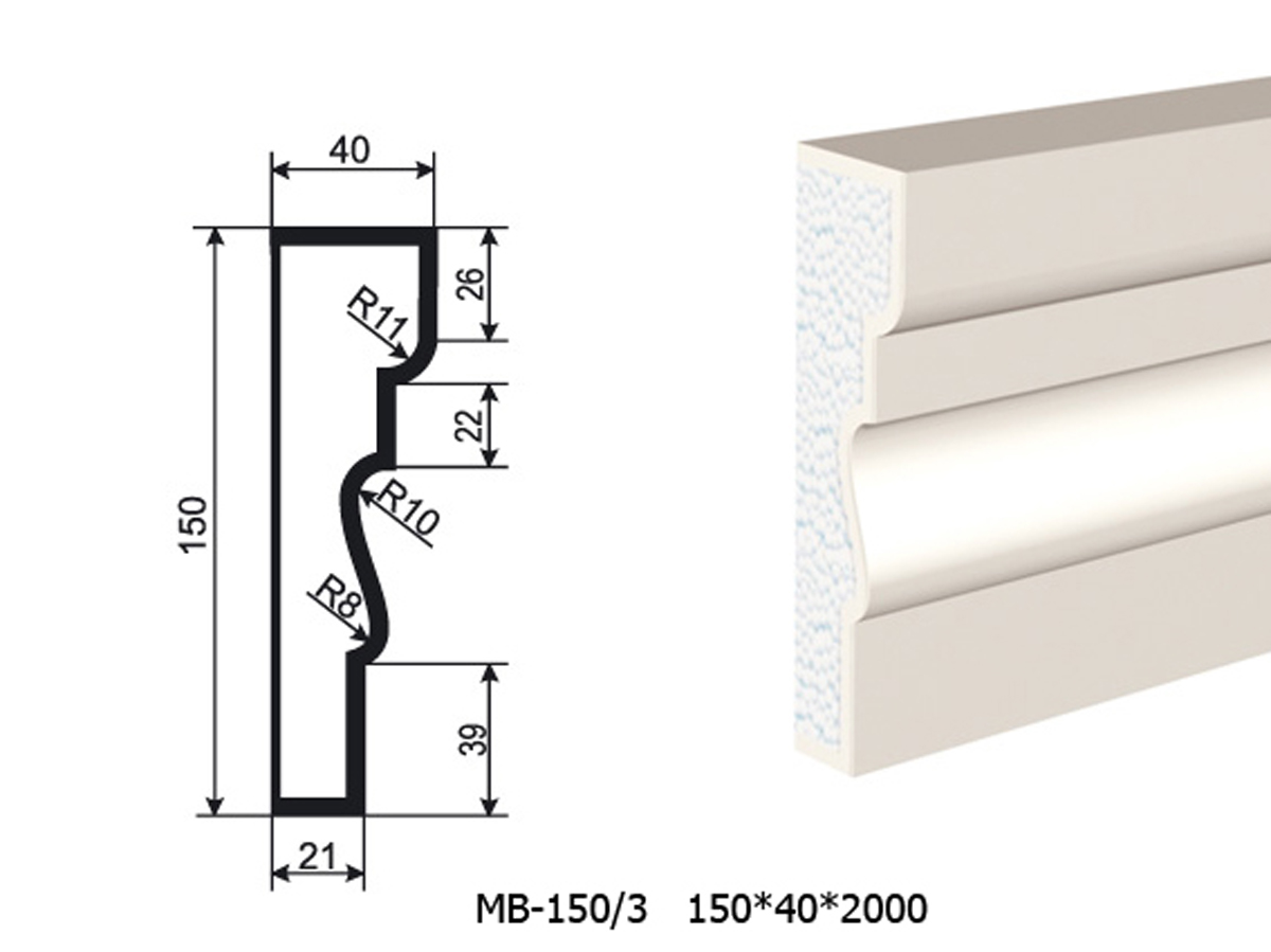 Молдинг для фасада - лепнина, декор из пенополистирола МВ-150/3 (МС-125) 150*40*2000 мм