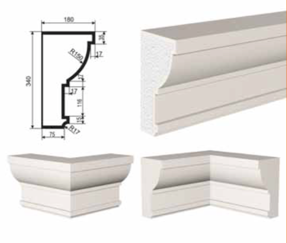КАРНИЗ для Фасада и Интерьера - лепнина, декор из пенополистирола КВ-340/1 340*180*2000 мм