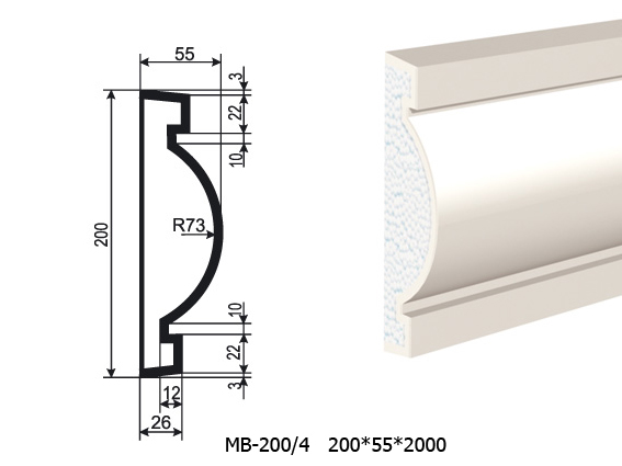 Молдинг для фасада - лепнина, декор из пенополистирола МВ-200/4 (МС-139) 200*55*2000 мм