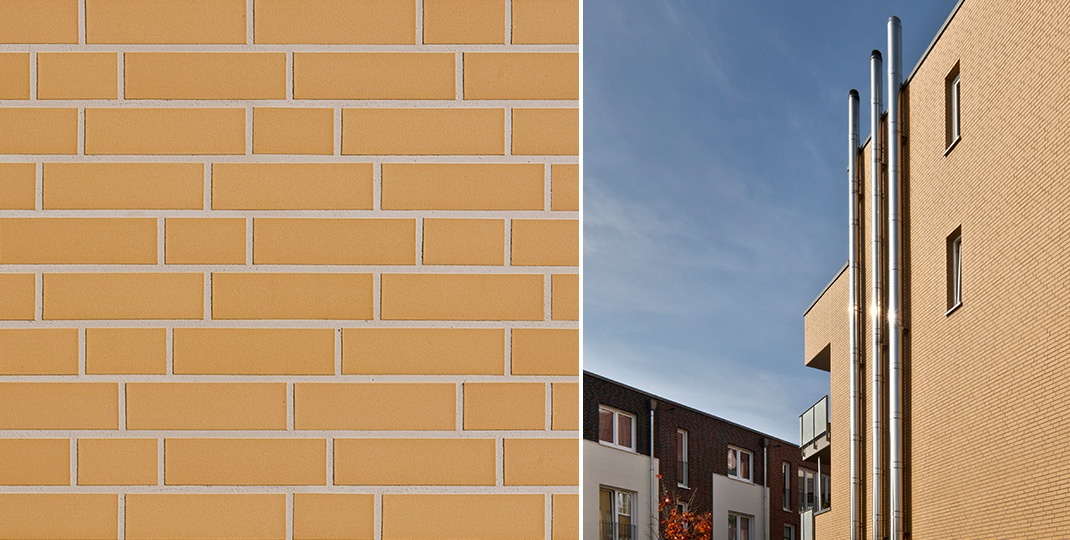 Ласточкин хвост Клинкерная фасадная плитка облицовочная под кирпич ABC Objekta Sandgelb glatt 240*52*15 мм