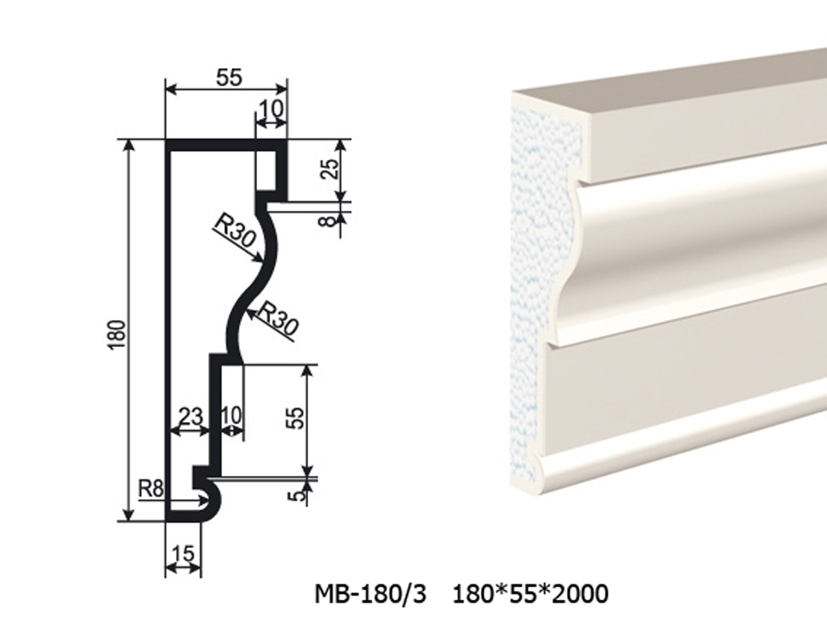 Молдинг для фасада - лепнина, декор из пенополистирола МВ-180/3 180*55*2000 мм