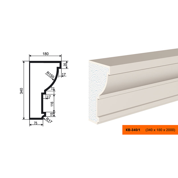 КАРНИЗ для Фасада и Интерьера - лепнина, декор из пенополистирола КВ-340/1 340*180*2000 мм