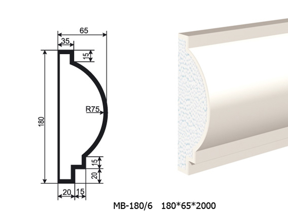 Молдинг для фасада - лепнина, декор из пенополистирола МВ-180/6 180*65*2000 мм