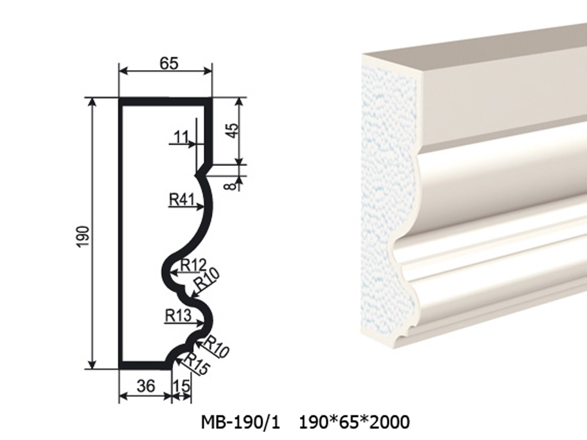 Молдинг для фасада - лепнина, декор из пенополистирола МВ-190/1 (МС-138) 190*65*2000 мм