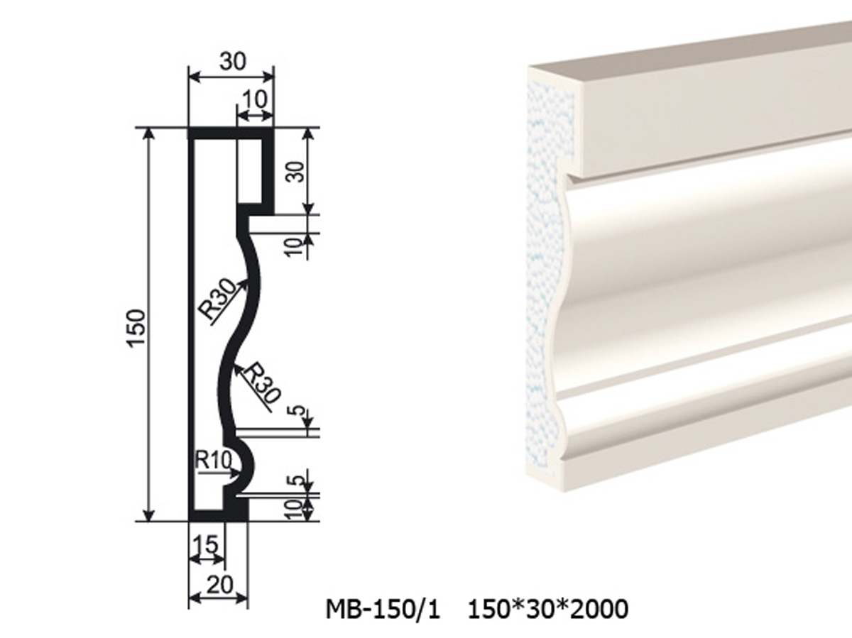 Молдинг для фасада - лепнина, декор из пенополистирола МВ-150/1 150*30*2000 мм