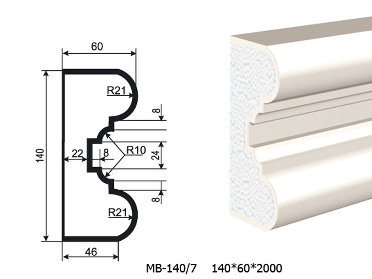 Молдинг для фасада - лепнина, декор из пенополистирола МВ-140/7 (МС-121) 140*60*2000 мм