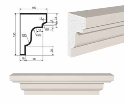 ПОДОКОННИК для Фасада и Интерьера - лепнина, декор из пенополистирола ПВ-155/1 155*100*2000 мм