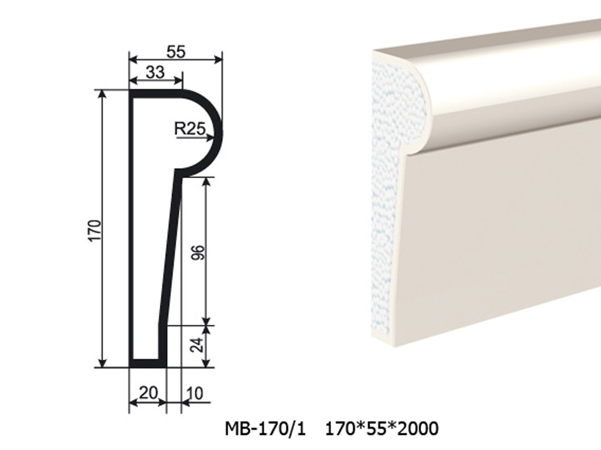 Молдинг для фасада - лепнина, декор из пенополистирола МВ-170/1 (МС-132) 170*55*2000 мм