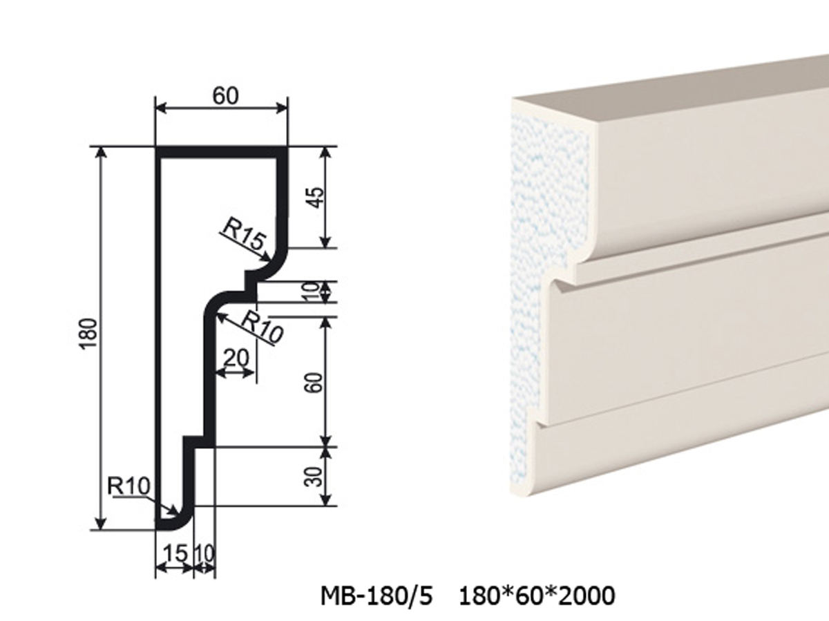 Молдинг для фасада - лепнина, декор из пенополистирола МВ-180/5 180*60*2000 мм