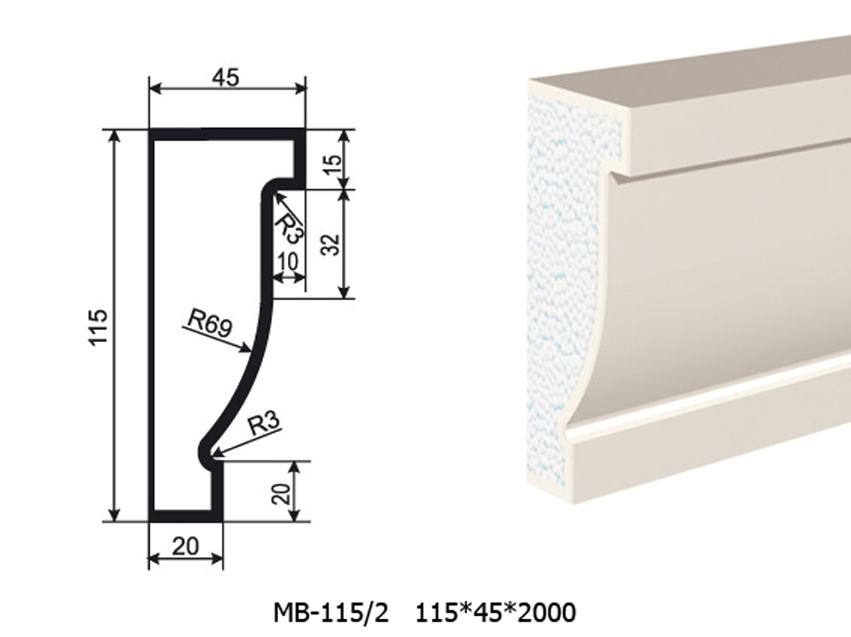 Молдинг для фасада - лепнина, декор из пенополистирола МВ-115/2 115*45*2000 мм