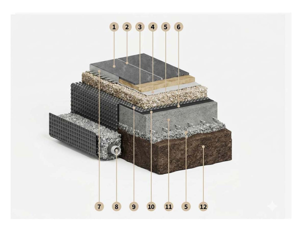 Схема сухой укладки на бетон с мембраной и дренажной трубой для водоотведения