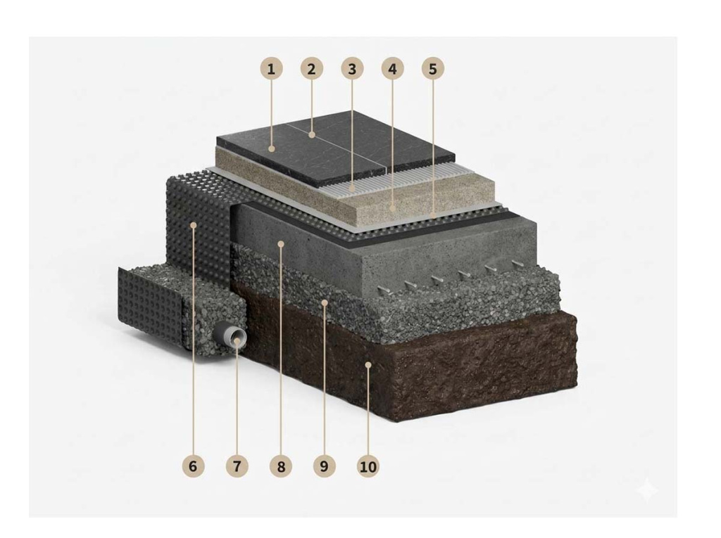 Схема комплексной конструкции: бетонное основание, дренажный бетон и организованный сбор воды
