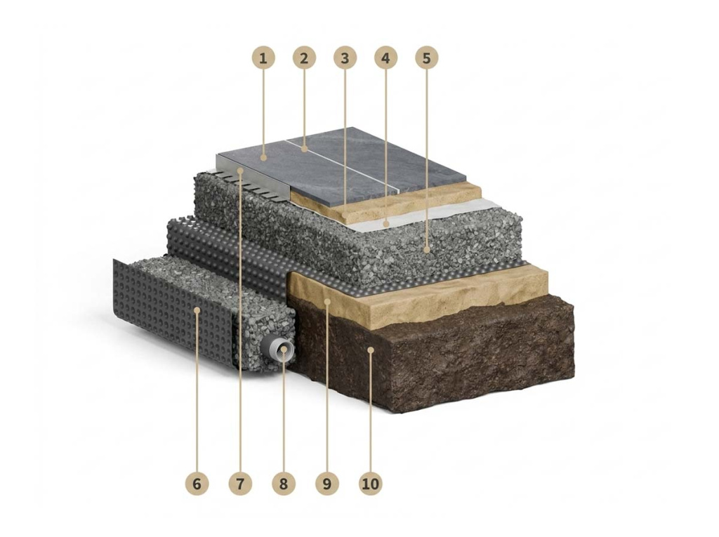 Схема сухой укладки с профилированной мембраной и дренажной трубой для водоотведения