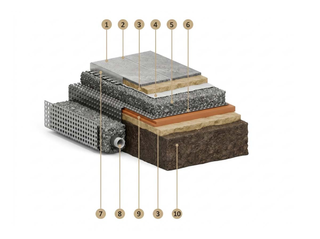 Схема теплоизолированной укладки с ЭППС и дренажным контуром