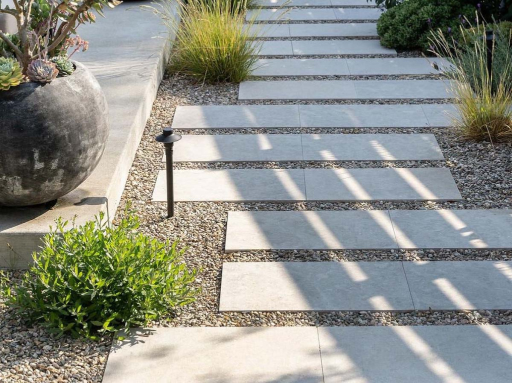 Фото шаговой дорожки с каменной отсыпкой рядом с фасадом дома