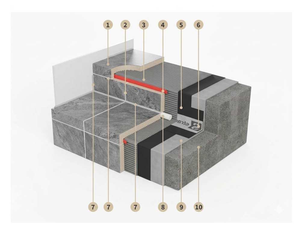 Схема ступени с уплотнительной вставкой под носиком и правильной работой примыкания