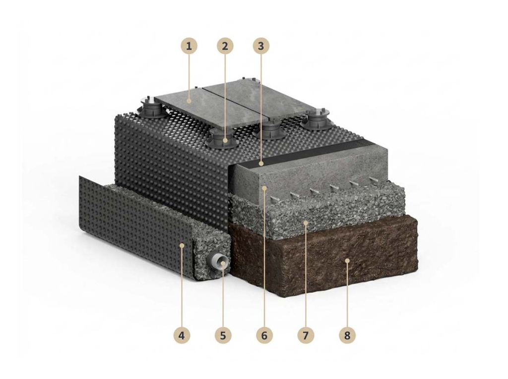 Схема конструкции с профилированной мембраной и дренажной трубой под регулируемыми опорами