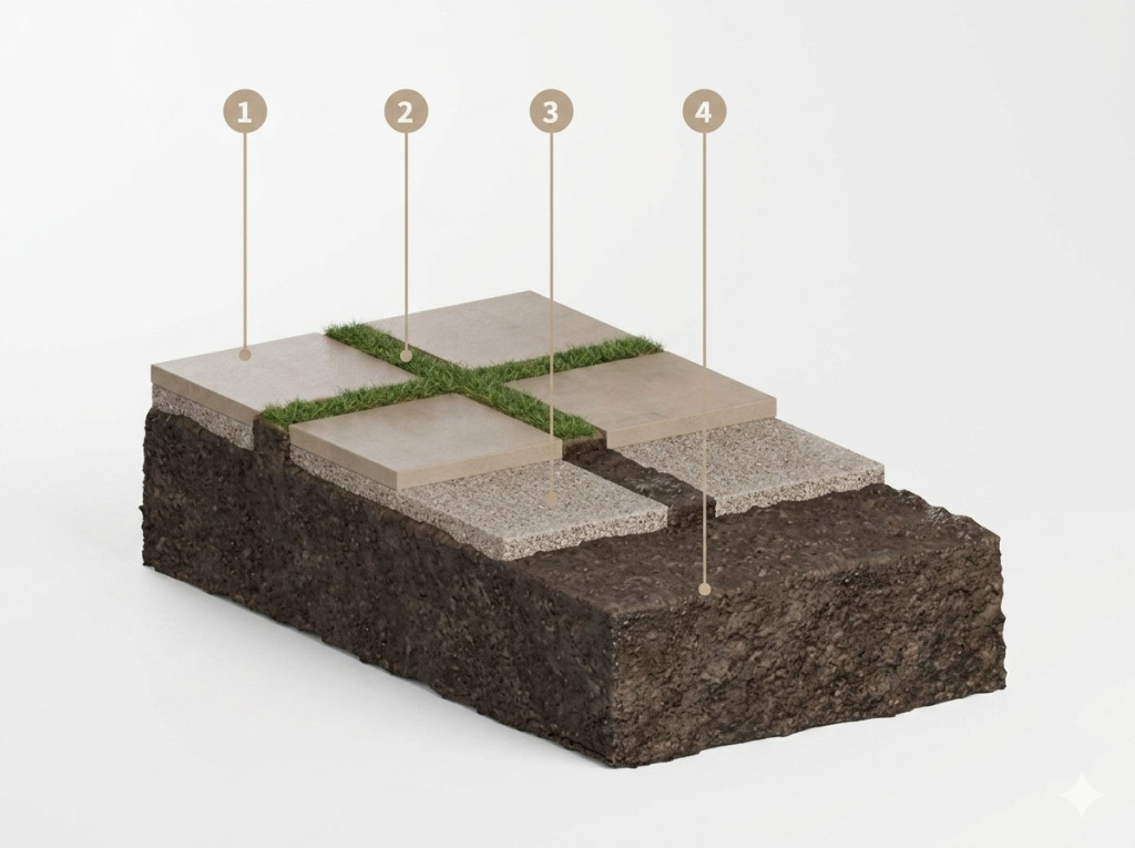 Схема монтажа шаговой дорожки Brickdorff на газоне — слои конструкции