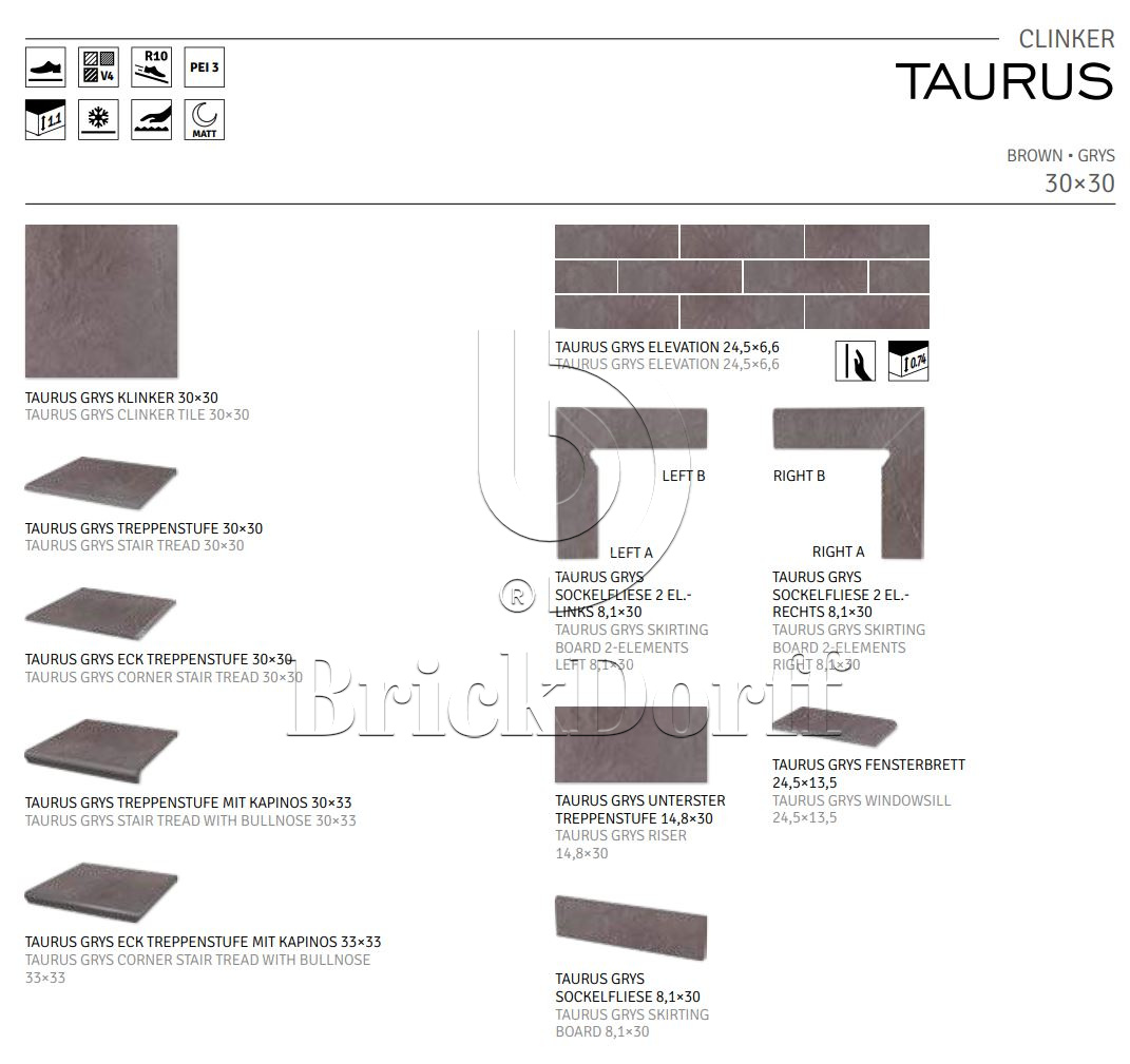 Taurus Grys угловая клинкерная ступень с насечками 300x300x11 мм
