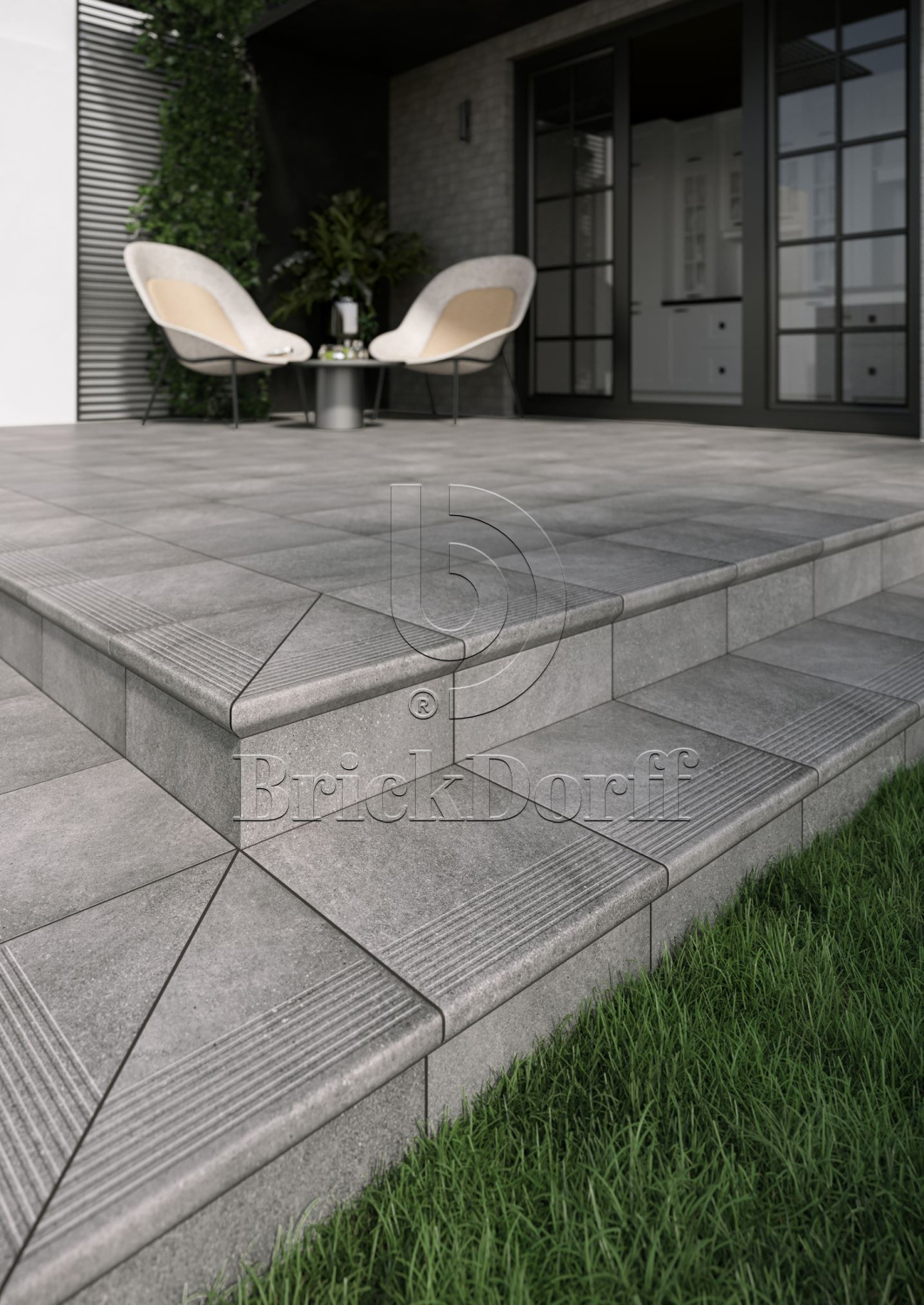 Mattone Pietra Grafit клинкерная ступень с насечками плоская противоскользящая 300x300x11 мм