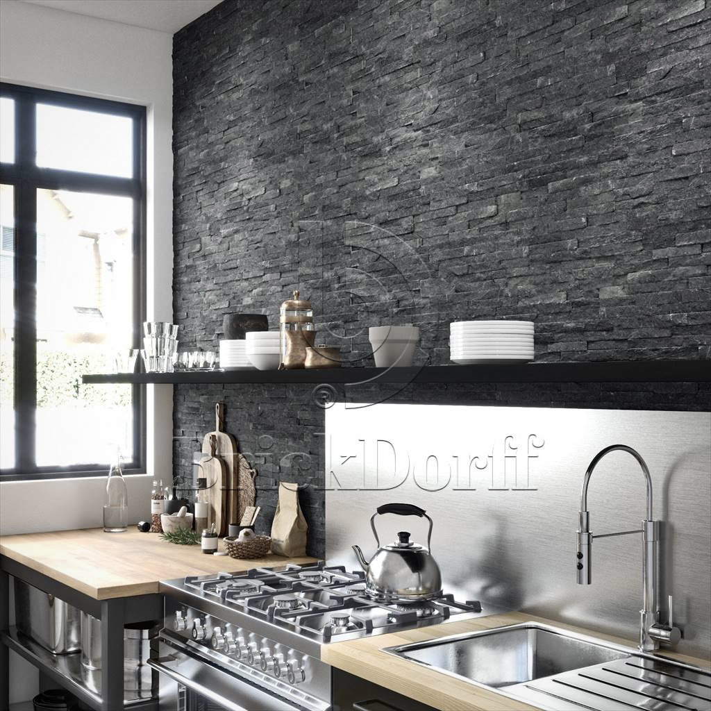 Кварцит Черный 1308H 600*150*10-20 мм, натуральный камень для интерьера и фасада BD