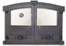 2004 Дверца двустворчатая со стеклом, термометром и шиберами ГРЕЦИЯ 4, чугунная Halmat 430х600 мм