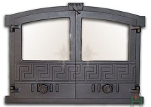 2003 Дверца двустворчатая со стеклом и шиберами ГРЕЦИЯ 3, чугунная Halmat 430х600 мм