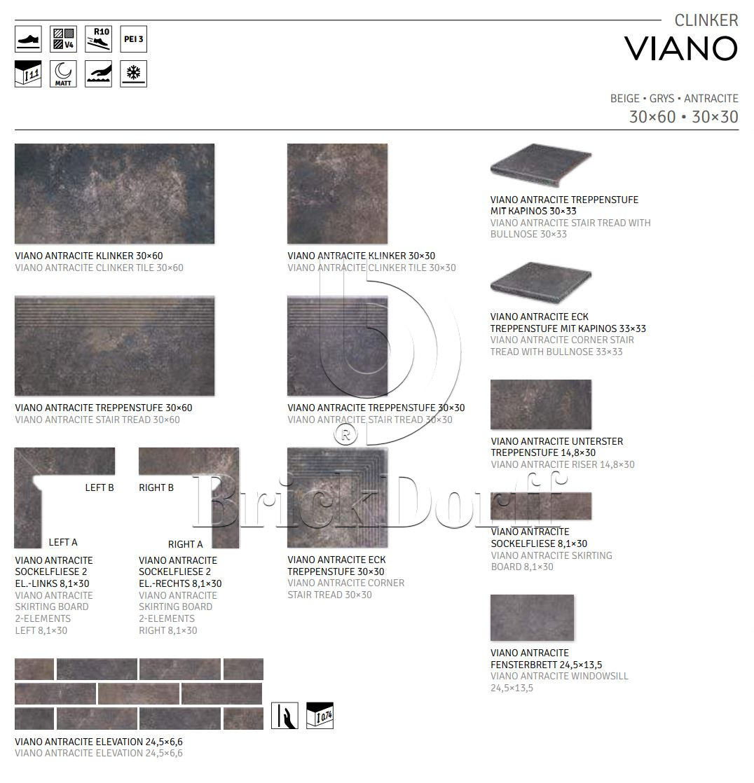 Viano Antracite клинкерная ступень с насечками плоская противоскользящая 300x300x11 мм