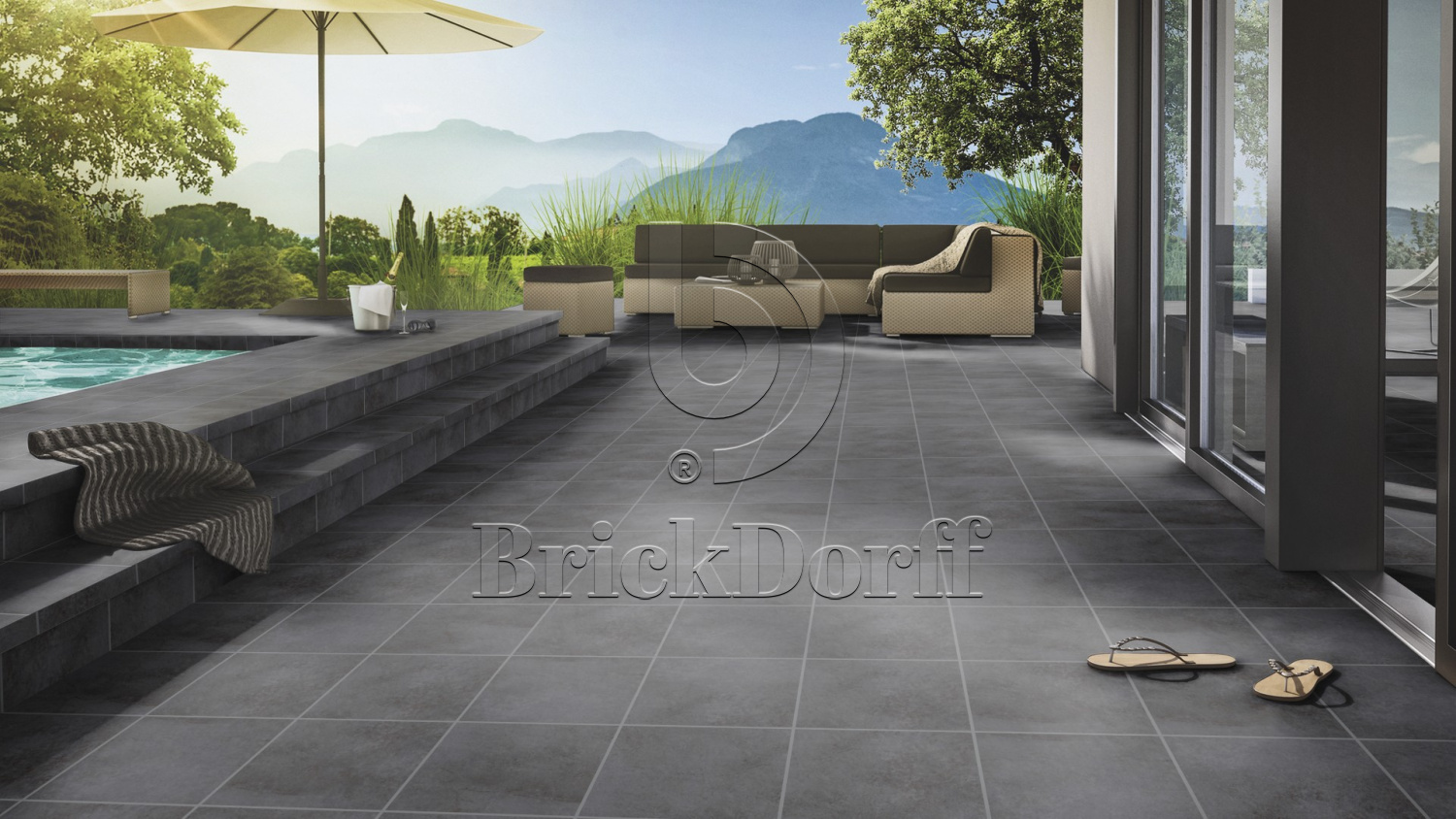 Клинкерная Ступень лофт Угловая противоскользящая плитка Stroeher KERAPLATTE AERA T 717 anthra 340*340*35*11 мм