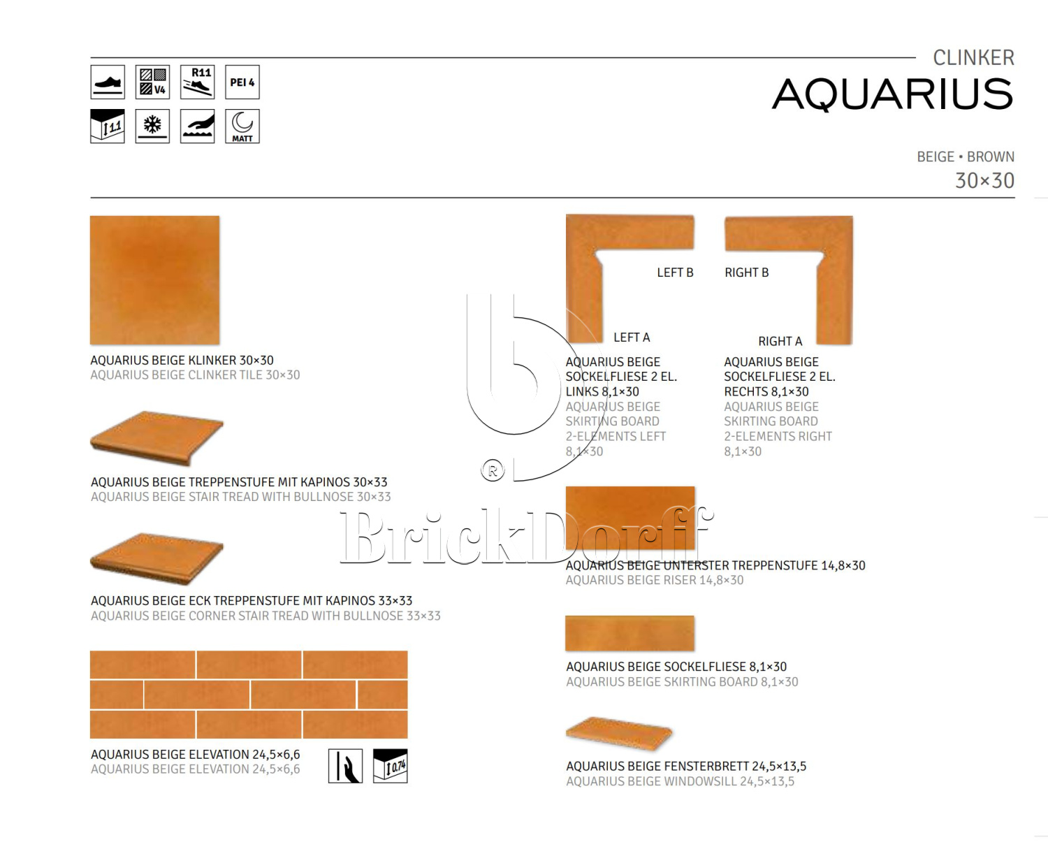 Клинкерная плитка Aquarius Beige 300x300x11 – для улицы, террасы, крыльца, лестницы, морозостойкая