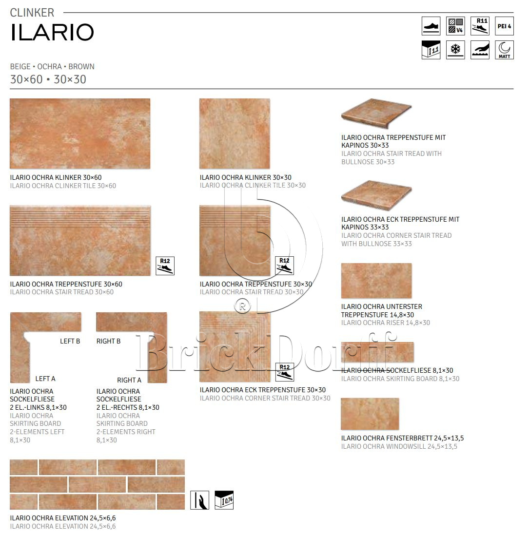 Ilario Ochra 245X66х7,4 мм Клинкерная фасадная плитка под кирпич облицовочная охровая